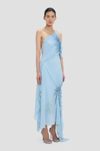 Gesmokte halterjurk in ionisch blauw