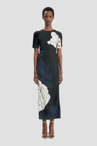 Midi-jurk met split aan de zoom in donkerblauwe bloemenprint