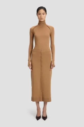 Midi-rok met knopen in camel Midi-rok met knopen in camel